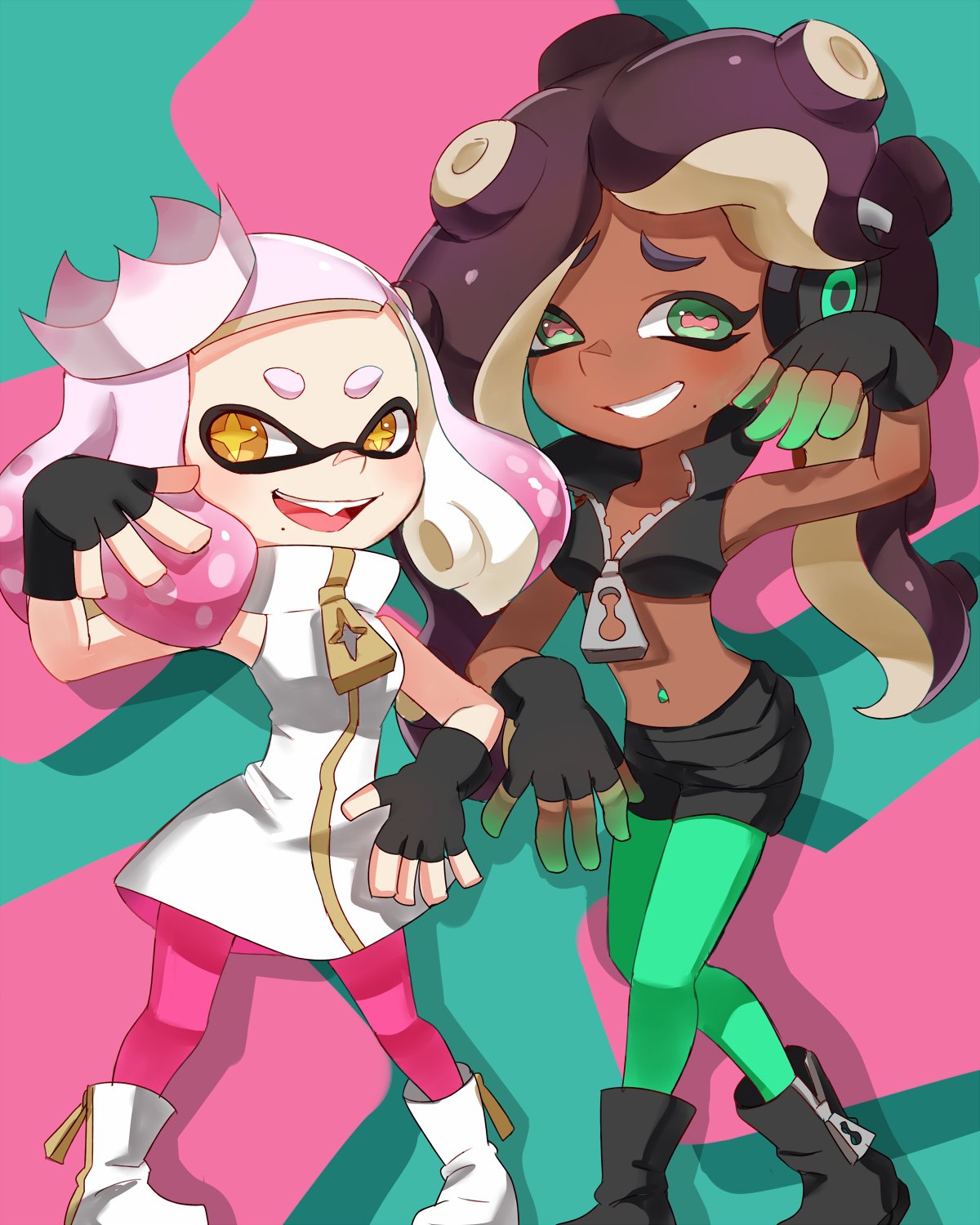 +_+ 2girls :d bare_shoulders crown domino_mask dress fingerless_gloves full_body gloves green_eyes green_legwear headphones highres long_hair looking_at_viewer marina_(splatoon) mask midriff mini_crown mole mole_under_mouth multicolored_hair multiple_girls navel_piercing nintendo octarian open_mouth pearl_(splatoon) piercing pink_legwear purple_hair riko_(sorube) sleeveless smile splatoon splatoon_2 symbol-shaped_pupils tentacle_hair two-tone_hair white_hair yellow_eyes zipper