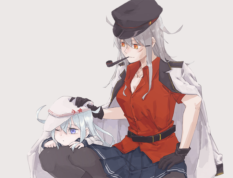 10s 2girls belt black_gloves black_legwear blue_eyes breasts buttons cleavage collar collared_shirt gangut_(kantai_collection) gloves grey_hair hair_between_eyes hair_ornament hairclip hammer_and_sickle hand_on_another's_hat hat hibiki_(kantai_collection) jacket kantai_collection large_breasts long_hair long_sleeves military military_hat military_jacket military_uniform miniskirt multiple_girls one_eye_closed pantyhose pen pipe pipe_in_mouth pleated_skirt red_eyes red_shirt remodel_(kantai_collection) sakano_arai scar scar_on_cheek school_uniform serafuku shirt short_sleeves sidelocks silver_hair skirt sleeves_past_wrists smile star uniform verniy_(kantai_collection) wbon