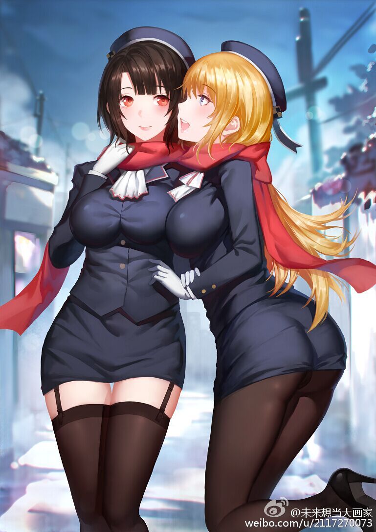 10s 2girls ascot ass asymmetrical_docking atago_(kantai_collection) beret black_hair black_legwear blonde_hair blue_eyes blurry bokeh breast_press breasts closed_mouth depth_of_field from_side garter_straps gloves hat high_heels jpeg_artifacts kantai_collection large_breasts leg_up long_hair miniskirt multiple_girls pantyhose profile red_eyes red_scarf scarf shared_scarf short_hair skirt smile takao_(kantai_collection) thigh-highs watermark white_gloves yykuaixian