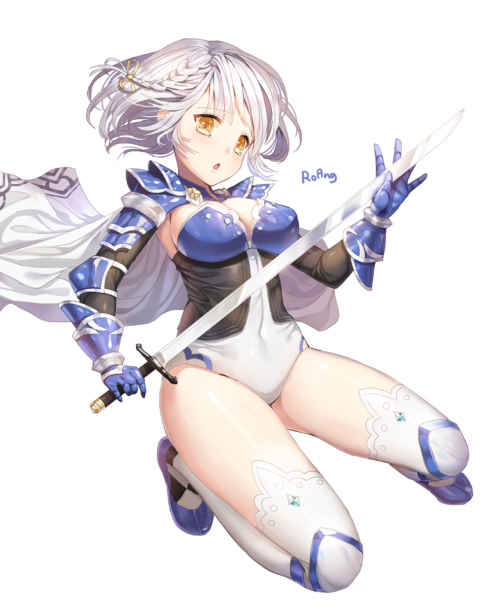 1girl armor artist_name braid breasts cleavage eyebrows_visible_through_hair highres holding holding_sword holding_weapon large_breasts looking_at_viewer open_mouth original roang short_hair silver_hair solo squatting sword thigh-highs weapon white_legwear yellow_eyes