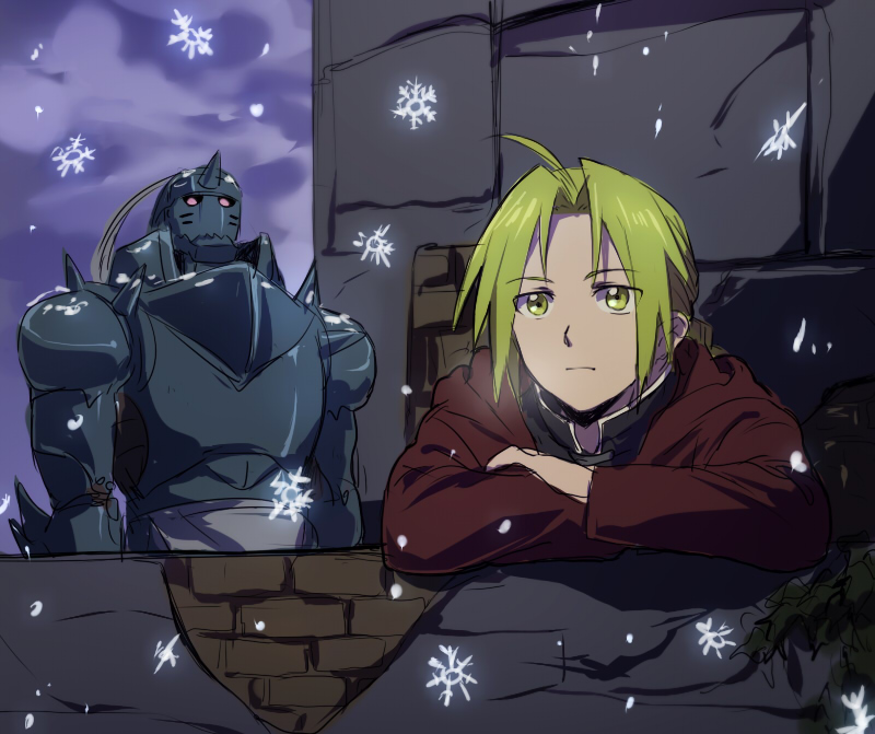 2boys alphonse_elric apron armor blonde_hair brothers castle coat crossed_arms edward_elric expressionless eyebrows_visible_through_hair fullmetal_alchemist long_hair looking_away multiple_boys red_coat riru siblings snow yellow_eyes