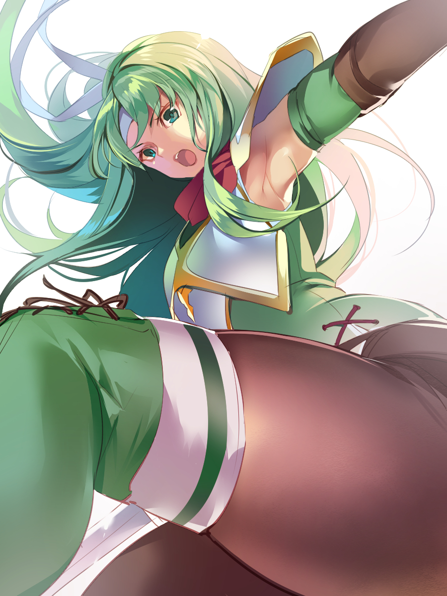 1girl armpits boots breastplate brown_legwear cross-laced_footwear elbow_gloves fire_emblem fire_emblem:_mystery_of_the_emblem fire_emblem_heroes gloves green_boots green_eyes green_hair headband highres long_hair looking_at_viewer mg_kurino outstretched_arm pantyhose paola shoulder_pads solo thigh-highs
