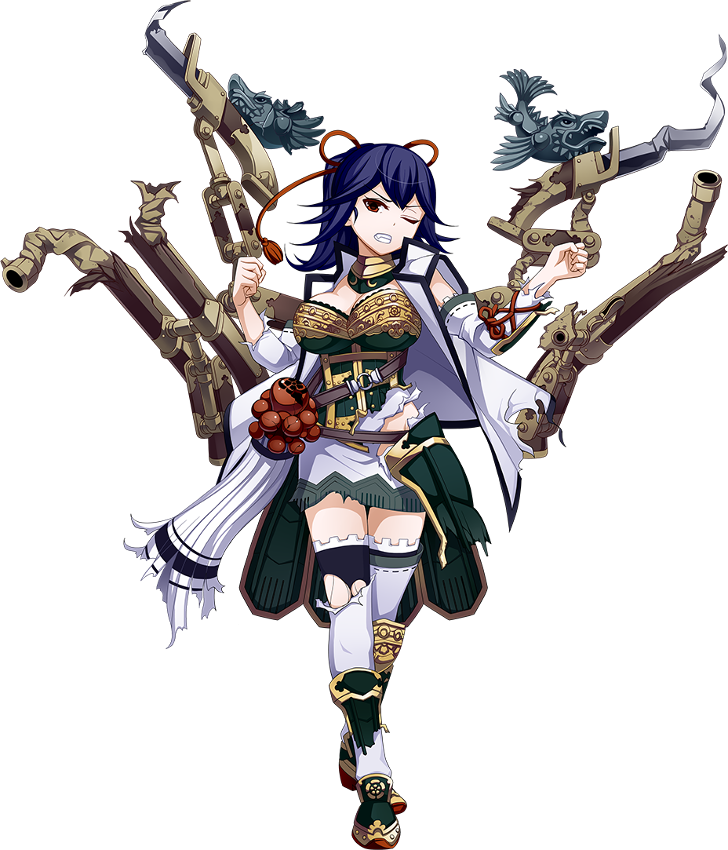 &gt;:d 1girl :d antique_firearm artist_request blue_hair boots breasts broken broken_weapon cleavage dagger detached_sleeves firearm firelock flintlock full_body gifu_(oshiro_project) gun large_breasts official_art one_eye_closed open_mouth orange_eyes oshiro_project oshiro_project_re outstretched_arm shachihoko skirt smile thigh-highs torn_clothes torn_thighhighs transparent_background tsurime weapon