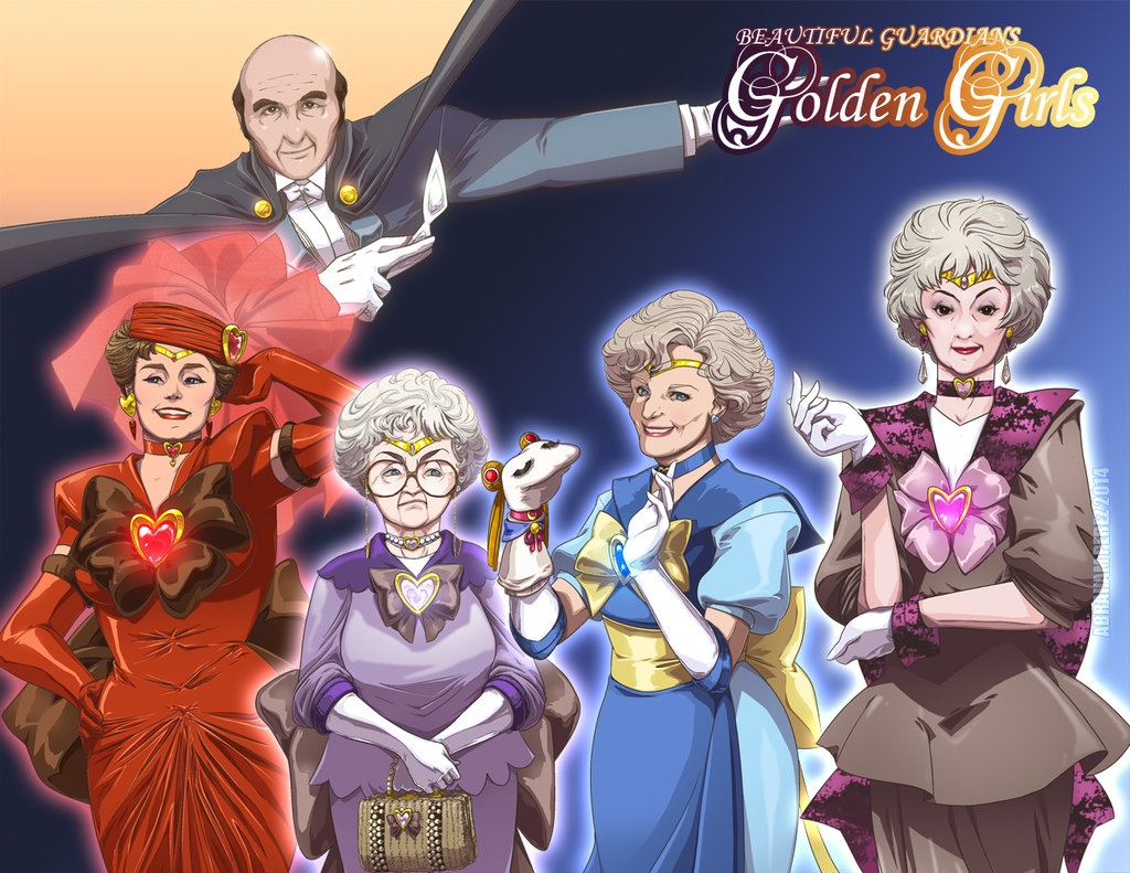 1boy 4girls abraham_perez bag bald bishoujo_senshi_sailor_moon blanche_devereaux brown_hair cape choker cosplay dorothy_zbornak earrings elbow_gloves glasses gloves grey_hair handbag jewelry lipstick magical_girl makeup multiple_girls old_man old_woman parody rose_nylund round_glasses sailor_jupiter sailor_mars sailor_mercury sailor_moon sailor_senshi sailor_venus sock_puppet sophia_petrillo stanley_zbornak the_golden_girls thick_eyebrows tiara tuxedo_kamen tuxedo_kamen_(cosplay) updo white_gloves