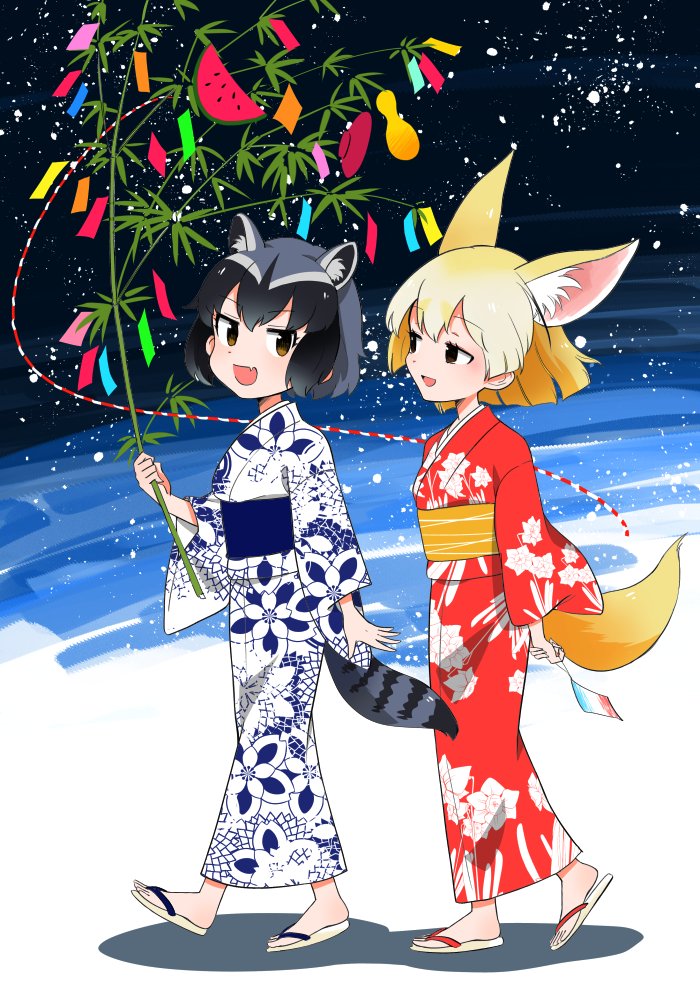 2girls :d animal_ears bamboo_shoot common_raccoon_(kemono_friends) fang feet fennec_(kemono_friends) floral_print food fox_ears fox_tail fruit full_body half-closed_eyes japanese_clothes kanimura_ebio kemono_friends kimono leaf long_sleeves looking_at_another multiple_girls open_mouth plant raccoon_ears raccoon_tail short_hair slippers smile tail walking watermelon wide_sleeves