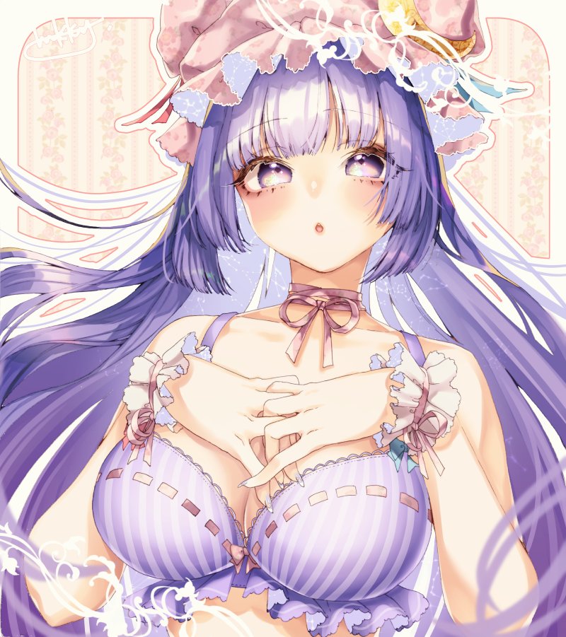 1girl :o bra breasts cleavage crescent crescent_hair_ornament hair_ornament hat large_breasts long_hair looking_at_viewer mob_cap mokokiyo_(asaddr) neck_ribbon patchouli_knowledge purple_bra purple_hair ribbon ribbon-trimmed_bra ribbon_trim solo striped striped_bra touhou underwear upper_body very_long_hair violet_eyes wrist_cuffs