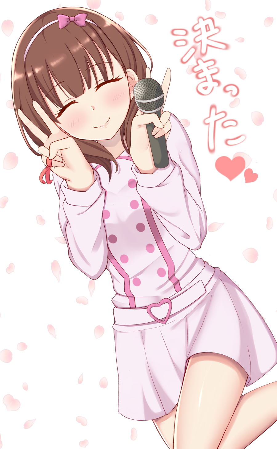 1girl bangs belt belt_buckle blush bow brown_hair buckle closed_eyes double_v finger_ribbon h3po4_chiba hairband heart highres idolmaster idolmaster_cinderella_girls knee_up long_sleeves looking_at_viewer microphone petals pink_shirt pink_skirt shirt skirt smile solo translation_request v white_background white_belt white_hairband