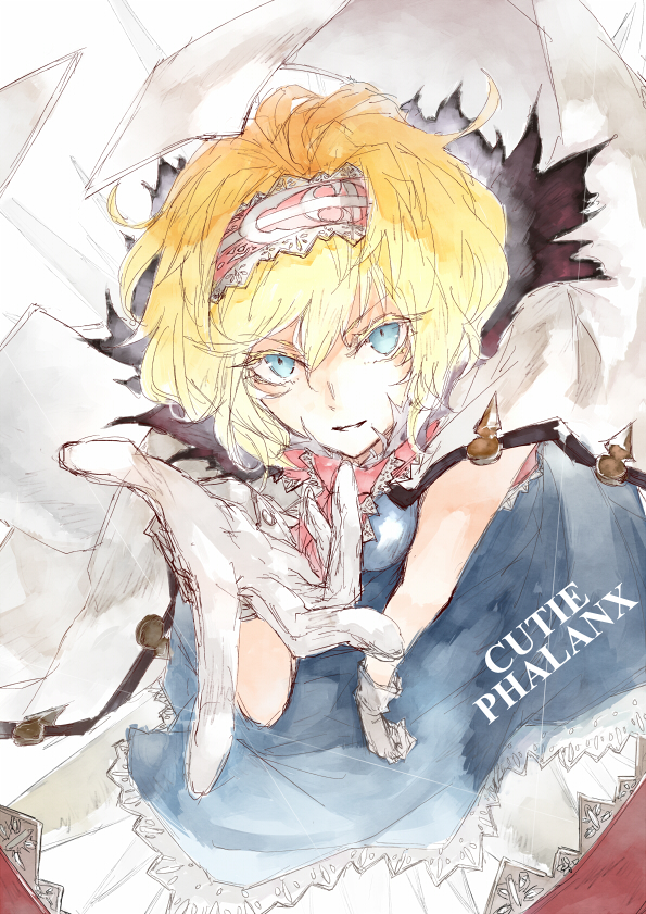 1girl akihira_fujinohara alice_margatroid ascot blonde_hair blue_dress blue_eyes cape capelet colored_eyelashes dress english frilled_dress frilled_hairband frills gloves hair_between_eyes hairband looking_at_viewer red_ascot red_hairband short_hair solo touhou white_cape white_gloves