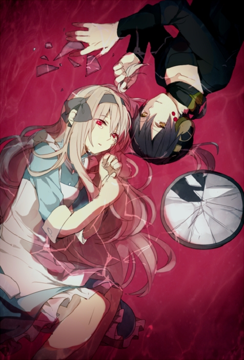 1boy 1girl apron bad_id bad_pixiv_id black_hair blue_dress bow broken_mirror collarbone dark_konoha dark_persona dress eyebrows_visible_through_hair facial_mark headband headphones kagerou_project konoha_(kagerou_project) kozakura_marry long_hair mirror partially_submerged ponytail prin_dog red_eyes short_ponytail silver_hair tears yellow_eyes