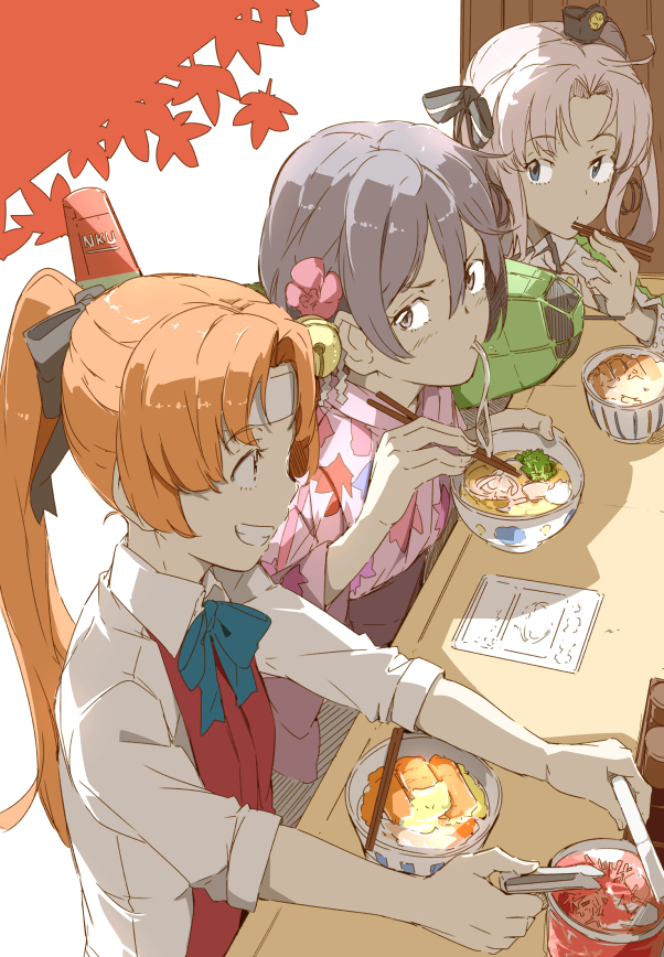 10s 3girls akebono_(kantai_collection) akigumo_(kantai_collection) akitsushima_(kantai_collection) alternate_costume bell blue_bow blue_bowtie blue_eyes bow bowtie brown_hair chopsticks eating flower food grin hair_bell hair_flower hair_ornament holding_chopsticks japanese_clothes jingle_bell kantai_collection kimono long_hair long_sleeves military military_uniform multiple_girls ninimo_nimo noodles obi pink_flower ponytail purple_hair purple_vest ramen sash shirt side_ponytail sidelocks smile uniform vest violet_eyes white_shirt wide_sleeves yukata