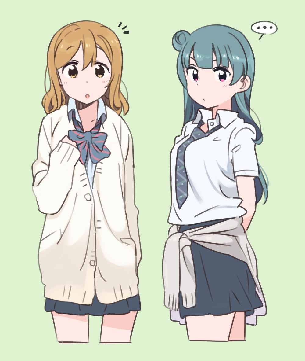 ... 2girls :o black_skirt blush brown_eyes brown_hair cardigan closed_mouth clothes_around_waist cropped_legs green_background green_hair hair_between_eyes hair_bun hand_up kasa_list kunikida_hanamaru looking_at_viewer love_live! love_live!_sunshine!! multiple_girls open_mouth school_uniform short_sleeves simple_background skirt spoken_ellipsis sweater_around_waist tsushima_yoshiko violet_eyes