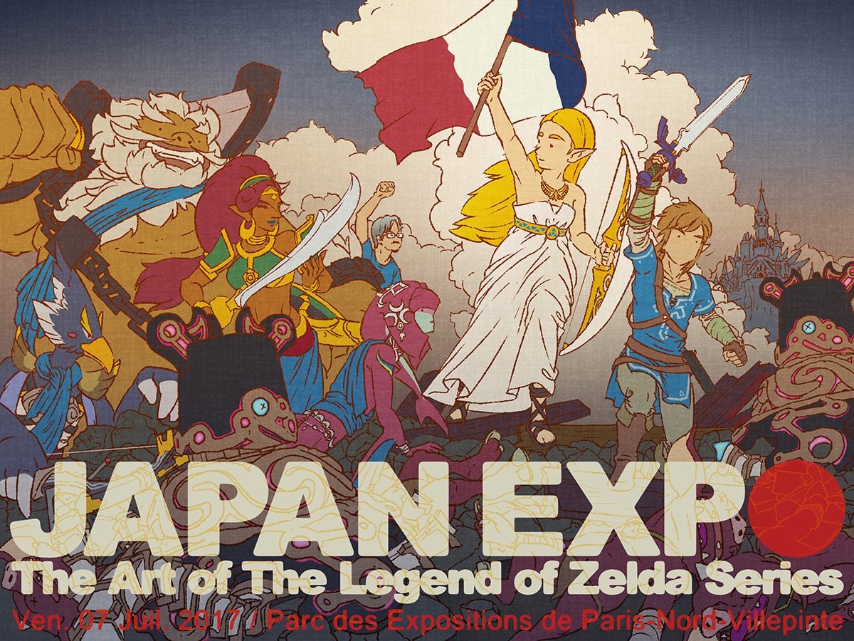 aonuma_eiji blonde_hair bow_(weapon) castle daruk dated dress fine_art_parody fish_girl french french_flag goron guardian_(breath_of_the_wild) jewelry liberty_leading_the_people link long_hair master_sword mipha monster_girl multiple_boys multiple_girls nintendo official_art parody pointy_ears princess_zelda revali rito sandals sword text the_legend_of_zelda the_legend_of_zelda:_breath_of_the_wild urbosa weapon white_dress zora