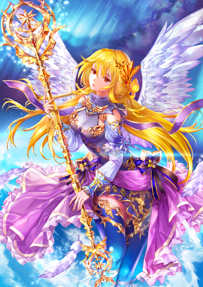1girl angel angel_wings blonde_hair blue_legwear blush breasts holding holding_staff large_breasts long_hair looking_at_viewer original parted_lips red_eyes shente_(sharkpunk) solo staff thigh-highs wings