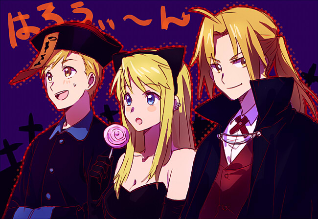 1girl 2boys alphonse_elric animal_ears bare_shoulders black_dress blonde_hair blue_eyes blush blush_stickers candy cat_ears chinese_clothes coat cross dress earrings edward_elric elbow_gloves food fullmetal_alchemist gloves grin happy hat jewelry lollipop long_hair looking_at_viewer looking_away multiple_boys open_mouth ponytail purple_background riru short_hair siblings smile sweatdrop translation_request vampire_costume winry_rockbell yellow_eyes