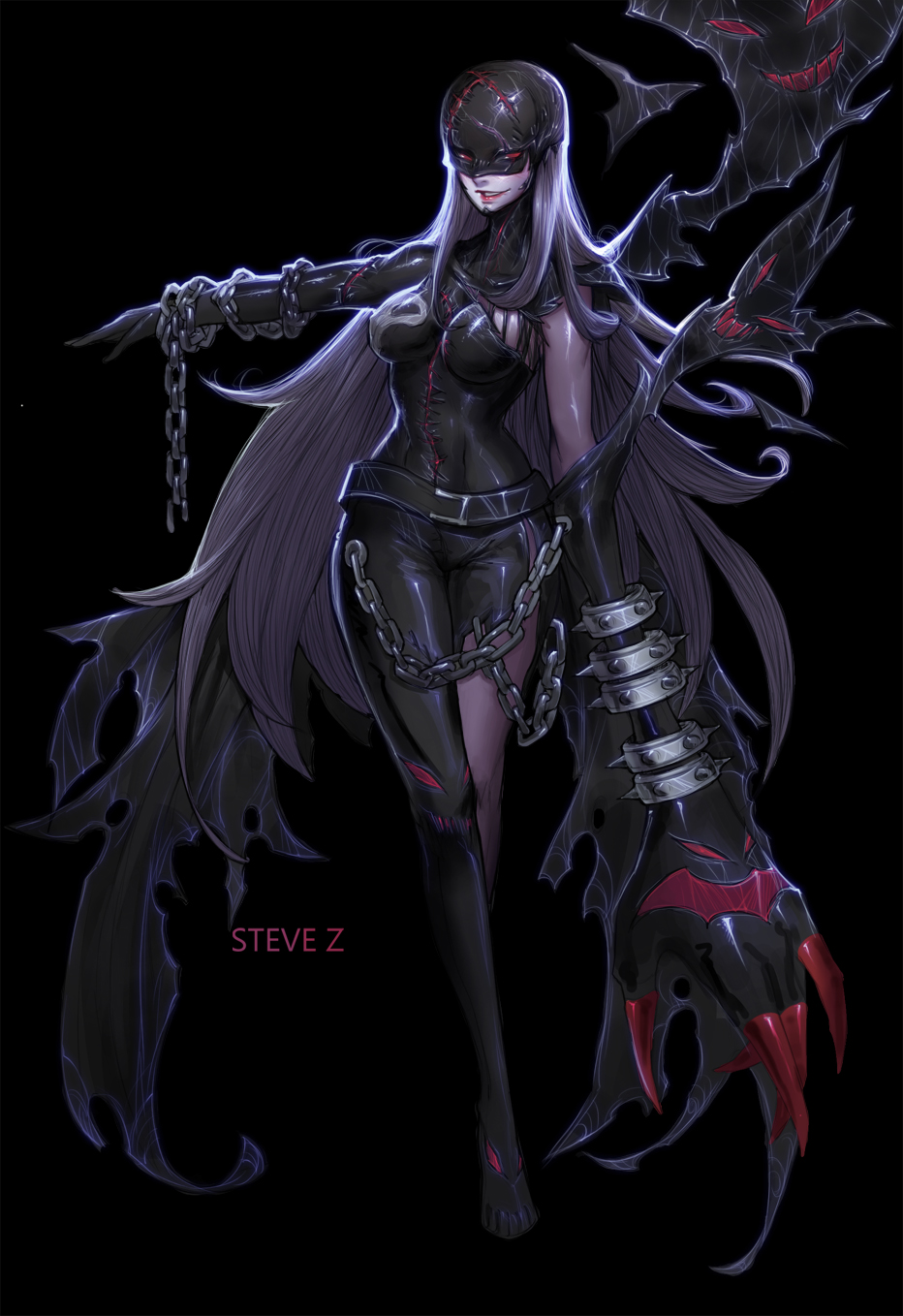 1girl asymmetrical_clothes belt breasts chains claws demon_girl digimon highres ladydevimon large_breasts leather_suit long_hair red_eyes silver_hair solo steve_zheng torn_clothes wings