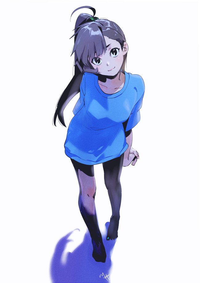 1girl ahoge black_eyes blue_shirt closed_mouth commentary_request from_above full_body kawai_makoto long_ponytail looking_at_viewer looking_up medium_sleeves pantyhose ponytail shadow shirt signature simple_background smile standing white_background
