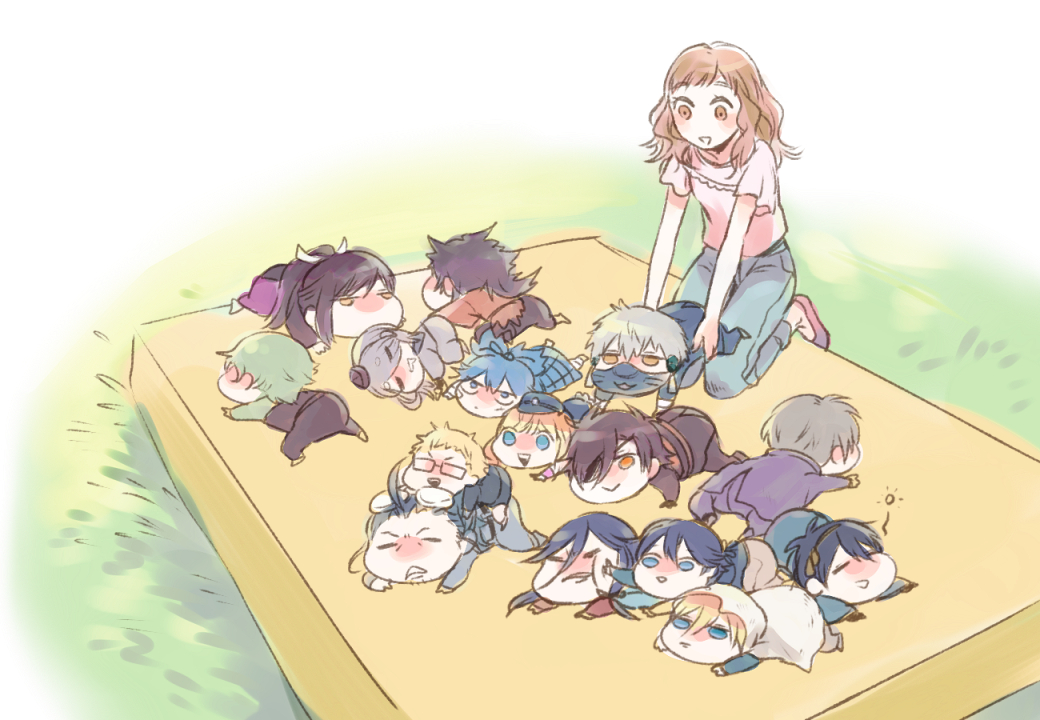 1girl 6+boys :&gt; =_= baby black_hair blonde_hair blue_eyes blue_hair brown_hair denim eyepatch female_saniwa_(touken_ranbu) green_hair hakata_toushirou hat heshikiri_hasebe horikawa_kunihiro ima-no-tsurugi izumi-no-kami_kanesada jeans kneeling lying midare_toushirou mikazuki_munechika mizna multiple_boys mutsu-no-kami_yoshiyuki nakigitsune nihongou_(touken_ranbu) on_side on_stomach pants ponytail saniwa_(touken_ranbu) sayo_samonji shokudaikiri_mitsutada tarou_tachi touken_ranbu uguisumaru white_hair yamanbagiri_kunihiro yellow_eyes younger