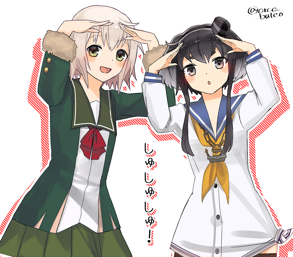 10s 2girls arms_up black_hair blonde_hair blue_sailor_collar brown_eyes cowboy_shot fur-trimmed_sleeves fur_trim gradient_hair green_eyes green_jacket green_skirt hat headgear jacket kantai_collection long_sleeves looking_at_viewer lowleg_pantyhose mini_hat multicolored_hair multiple_girls neck_ribbon open_mouth pleated_skirt red_ribbon ribbon sailor_collar school_uniform serafuku shading_eyes shimushu_(kantai_collection) shimushu_pose shirt short_hair short_hair_with_long_locks sidelocks skirt tied_shirt tokitsukaze_(kantai_collection) twintails two_side_up yamashiki_(orca_buteo)