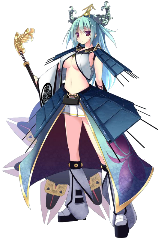 1girl akesaka_iku aqua_hair breasts faulds full_body green_hair hair_ornament headgear holding holding_weapon large_breasts long_hair long_skirt looking_at_viewer midriff miniskirt nagoya_(oshiro_project) navel official_art oshiro_project oshiro_project_re pauldrons platform_footwear pleated_skirt sandals shachihoko showgirl_skirt sideboob skirt socks solo staff transparent_background under_boob violet_eyes weapon