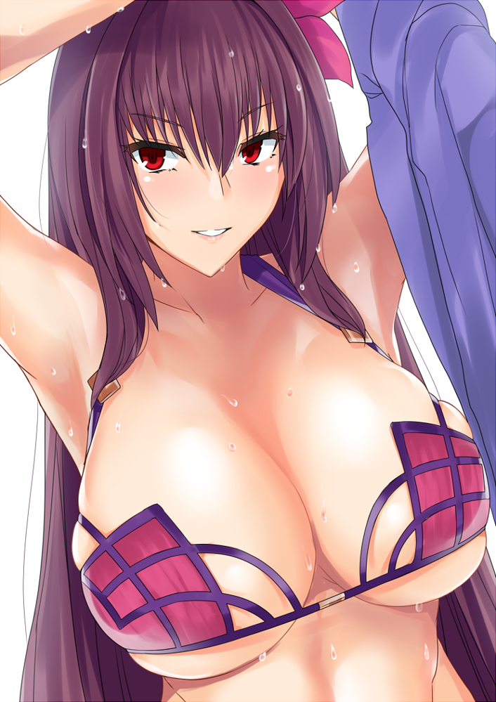 1girl arm_over_head armpits arms_up bangs bikini blush breasts cleavage collarbone eyebrows_visible_through_hair fate/grand_order fate_(series) flower hair_between_eyes hair_flower hair_ornament large_breasts long_hair looking_to_the_side parted_lips purple_bikini purple_hair red_eyes removing_jacket scathach_(fate/grand_order) scathach_(swimsuit_assassin)_(fate) schizanthus_(artist) simple_background skindentation smile solo swimsuit upper_body water_drop wet wet_hair white_background