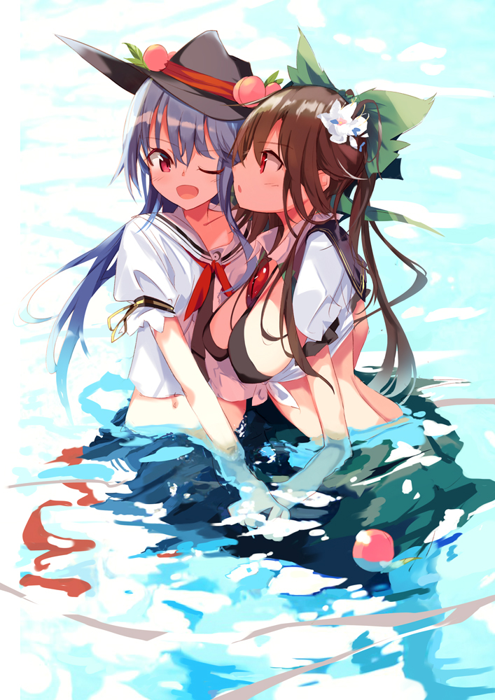 2girls bikini black_bikini black_hat blue_hair bow breasts brown_hair collared_shirt eye_contact flower food fruit green_bow green_skirt hair_bow hair_flower hair_ornament hand_holding hat hinanawi_tenshi large_breasts long_hair looking_at_another multiple_girls open_mouth partially_submerged peach red_eyes reiuji_utsuho shiny shiny_hair shirt skirt smile swimsuit tetsurou_(fe+) third_eye tied_shirt touhou white_flower white_shirt wing_collar