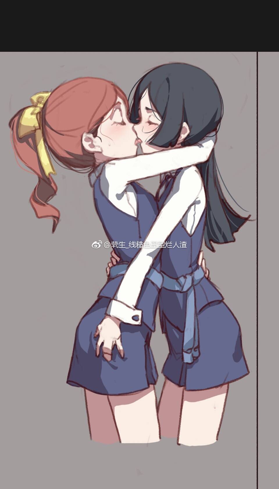 2girls ass_grab barbara_(little_witch_academia) black_hair blush brown_hair closed_eyes commentary_request cowboy_shot hand_on_another's_hip hand_on_another's_neck hanna_(little_witch_academia) highres hug kiss little_witch_academia long_hair multiple_girls ponytail qiongsheng school_uniform sweat yuri