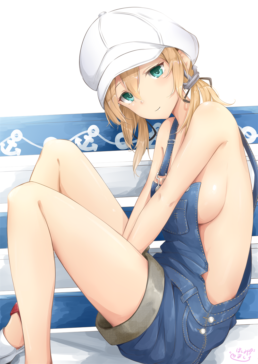 10s 1girl anchor anchor_hair_ornament aqua_eyes bare_legs between_legs blonde_hair breasts closed_mouth from_side hair_between_eyes hair_ornament hand_between_legs hat highres kantai_collection long_hair medium_breasts no_bra no_underwear prinz_eugen_(kantai_collection) shoes sideboob sitting solo striped striped_background takumin_(takumi415) twintails white_background white_hat