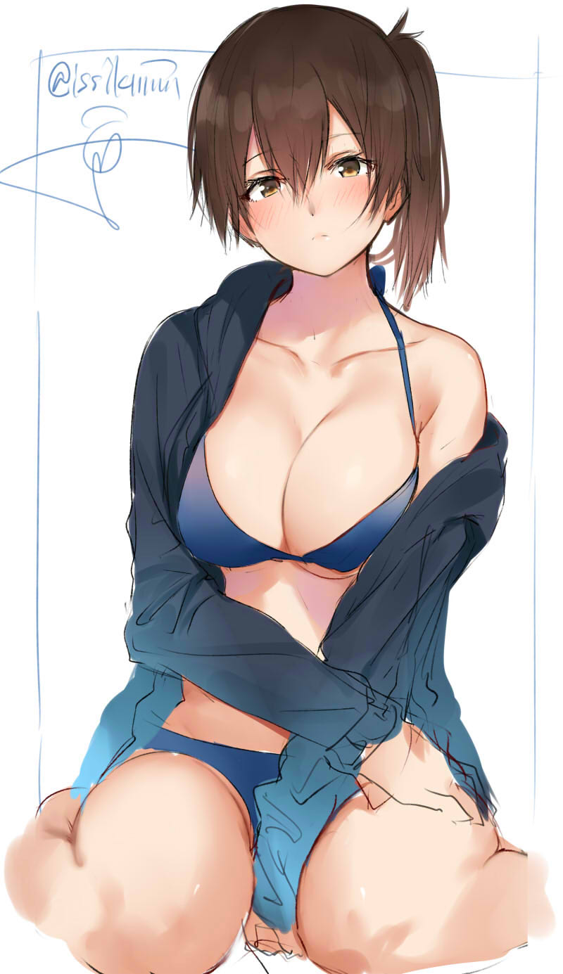 10s 1girl between_legs bikini blue_bikini blue_jacket blush breasts brown_eyes brown_hair cleavage collarbone hair_between_eyes hand_between_legs hand_on_own_thigh highres isshiki_(ffmania7) jacket kaga_(kantai_collection) kantai_collection large_breasts looking_at_viewer off_shoulder open_clothes open_jacket seiza short_hair side_ponytail signature simple_background sitting sketch solo swimsuit thighs twitter_username white_background