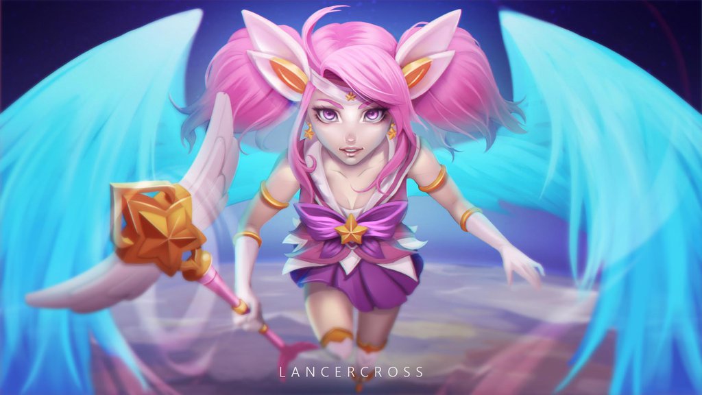 1girl alternate_costume alternate_hair_color alternate_hairstyle artist_name blue_wings bow breasts cleavage clenched_hand earrings elbow_gloves foreshortening gloves holding holding_wand jewelry lancercross large_bow league_of_legends looking_at_viewer luxanna_crownguard magical_girl medium_breasts open_mouth parted_lips pink_hair purple_bow purple_skirt running sailor_collar skirt solo spread_wings star star_earrings star_guardian_lux thigh-highs twintails violet_eyes wand white_gloves white_legwear white_sailor_collar winged_want wings