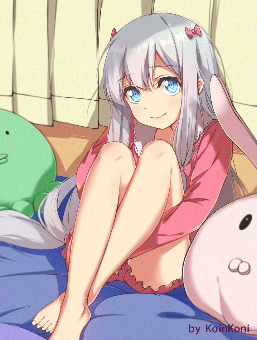 1girl artist_name barefoot blue_eyes blush bow eromanga_sensei eyebrows_visible_through_hair hair_bow izumi_sagiri long_hair looking_at_viewer low-tied_long_hair pajamas pink_bow pink_shorts qingchen_(694757286) shorts silver_hair smile solo stuffed_animal stuffed_octopus stuffed_toy watermark