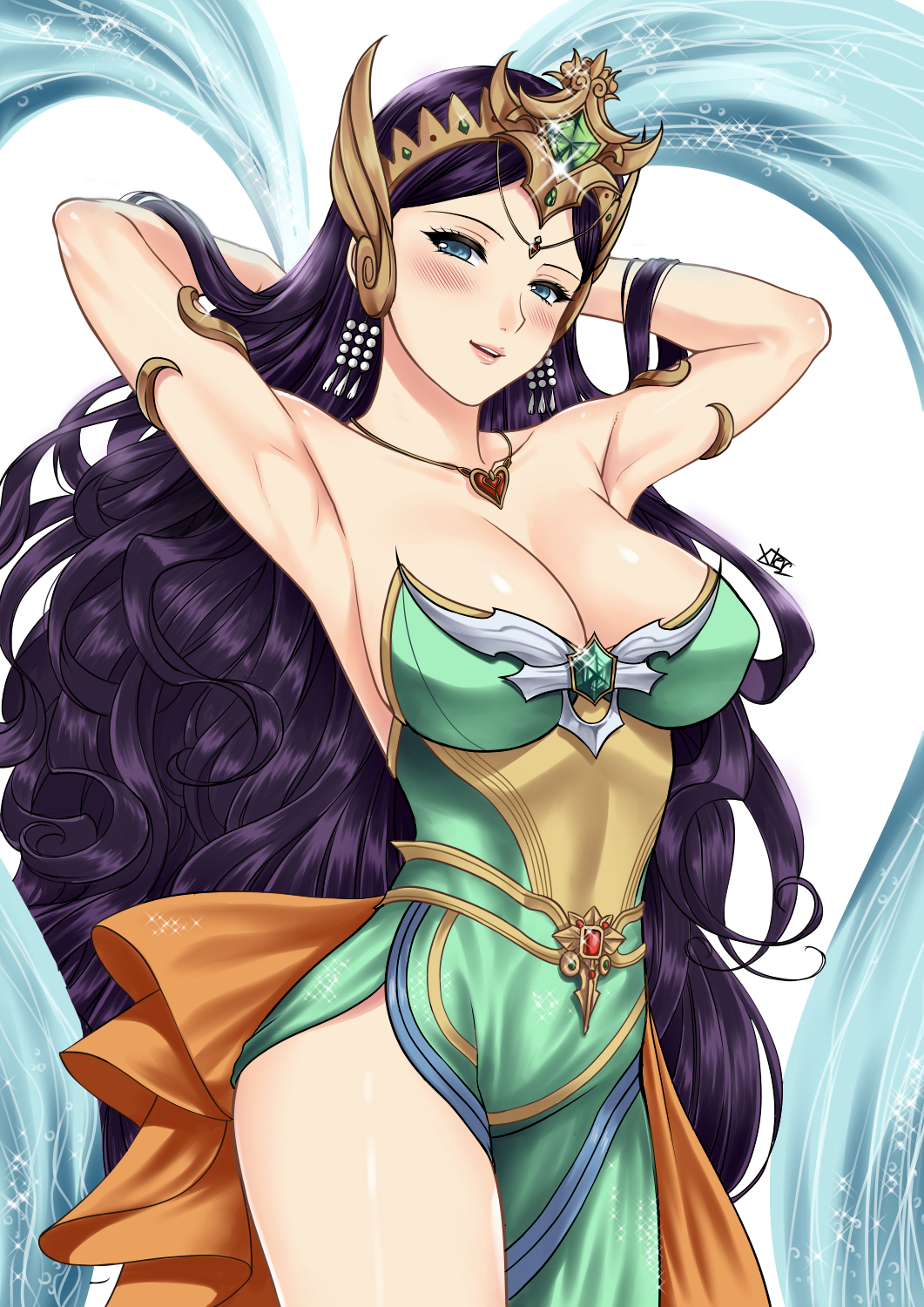 1girl adjusting_hair arm armlet armpits arms_behind_head arms_up bare_arms bare_shoulders black_hair blue_eyes blush breasts character_request circlet cleavage collarbone commentary crown curly_hair dress earrings emerald_(stone) female gem green_dress head_tilt headgear headpiece heart heart_necklace highres jewelry large_breasts lips looking_at_viewer neck open_mouth round_teeth seven_knights side_slit smile solo standing strapless strapless_dress teeth very_long_hair xtermination