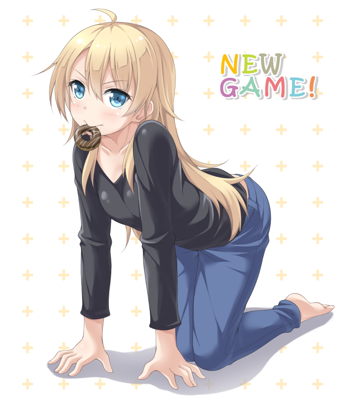 1girl all_fours barefoot blonde_hair blue_eyes copyright_name denim doughnut eyebrows_visible_through_hair food food_in_mouth jeans kyuutou_(kyuutouryuu) long_hair long_sleeves looking_at_viewer new_game! pants solo yagami_kou