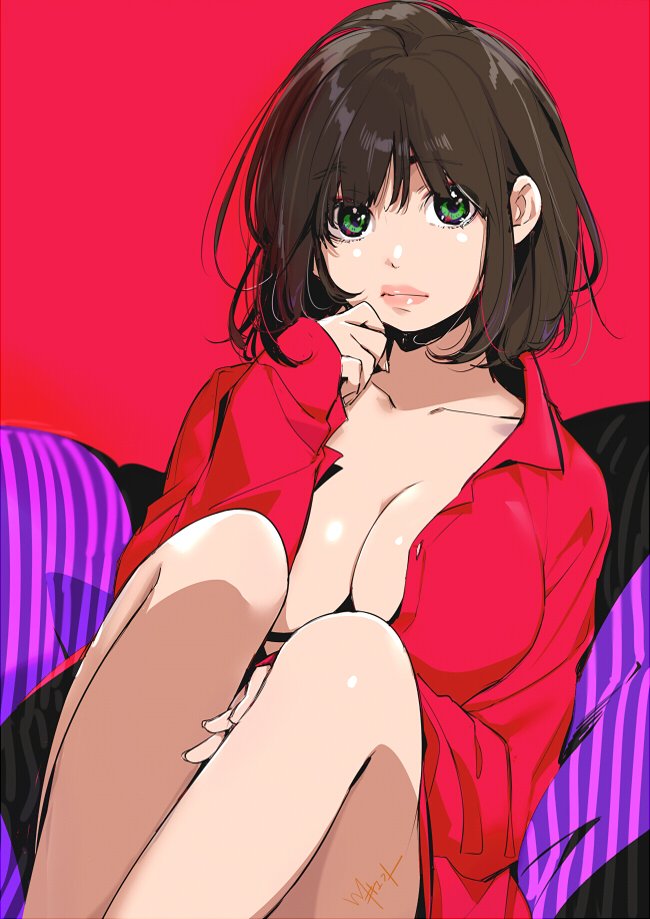1girl breasts brown_hair cleavage closed_mouth collared_shirt commentary_request green_eyes kawai_makoto large_breasts light_frown long_sleeves looking_at_viewer naked_shirt open_clothes open_shirt pink_lips shiny shiny_hair shirt short_hair signature sitting solo unbuttoned