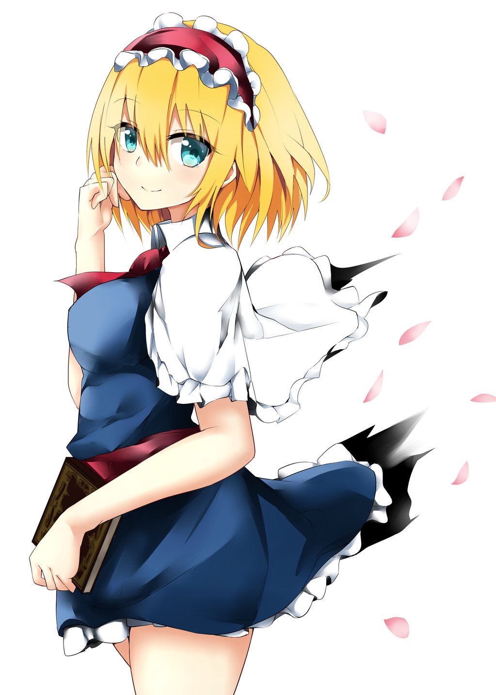 1girl alice_margatroid ascot bangs blonde_hair blue_dress blue_eyes blush book breasts capelet closed_mouth cowboy_shot dress frilled_dress frills from_side highres holding holding_book looking_at_viewer looking_to_the_side medium_breasts petals sash short_dress short_hair smile solo touhou yuki_(snowmaiden)