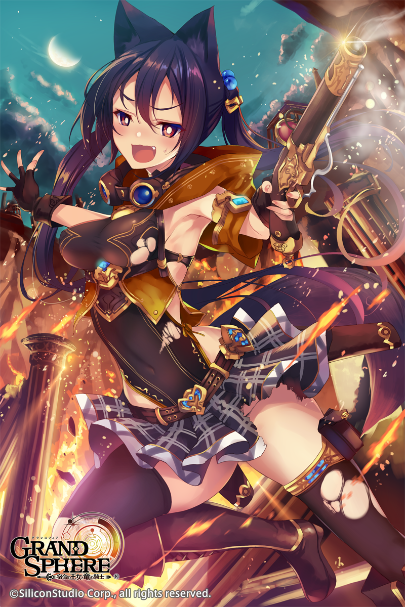 &gt;:o 1girl :o animal_ears antique_firearm armpits bangs black_boots black_gloves black_hair black_legwear black_skirt blush boots breasts brown_belt brown_hood cat_ears clouds company_name copyright_name covered_navel destruction embarrassed fang finger_on_trigger fingerless_gloves fingernails fire firearm fukai_ryousuke gibbous_moon glint gloves goggles goggles_around_neck grand_sphere gun hair_between_eyes hair_bobbles hair_ornament highres hip_vent holding holding_gun holding_weapon holster hood hood_down knee_boots long_hair looking_at_viewer medium_breasts miniskirt moon moonlight night night_sky official_art one_leg_raised open_mouth outstretched_arm pillar red_eyes sapphire_(stone) shiny shiny_hair skirt sky smoke solo standing standing_on_one_leg sweatdrop taut_clothes thigh-highs thigh_holster torn_clothes torn_skirt torn_thighhighs twilight twintails underbust very_long_hair weapon