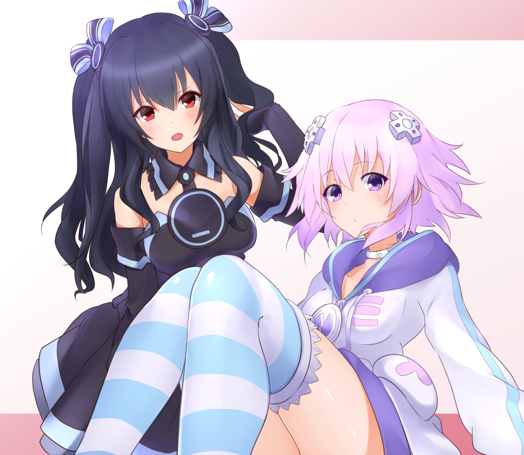 2girls black_hair blush breasts choujigen_game_neptune closed_mouth d-pad detached_collar dress elbow_gloves gloves hair_ornament hechi_(hechi322) hood hooded_jacket jacket long_hair looking_at_viewer medium_breasts multiple_girls neptune_(choujigen_game_neptune) neptune_(series) open_mouth purple_hair red_eyes short_hair sitting thigh-highs twintails uni_(choujigen_game_neptune) violet_eyes