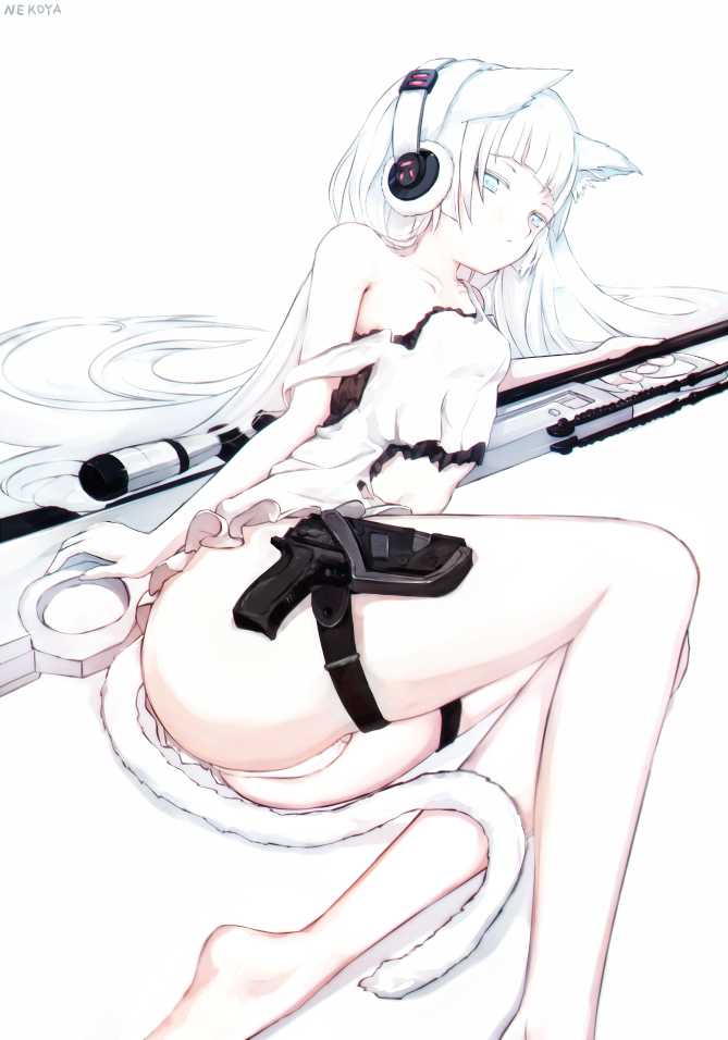 1girl ai_arctic_warfare animal_ears arm_support artist_name ass bangs bare_arms bare_legs bare_shoulders barefoot blue_eyes blunt_bangs bolt_action breasts cat_ears cat_tail commentary_request dress dyolf girls_frontline gun handgun headphones holster long_hair looking_at_viewer lying on_side original panties pistol rifle scope simple_background small_breasts sniper_rifle solo strap_slip tail thigh_holster torn_clothes torn_dress underwear very_long_hair weapon white_background white_dress white_hair white_panties