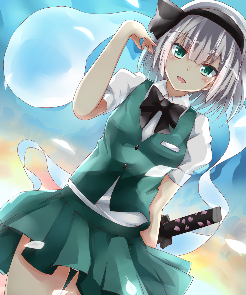 1girl bangs black_bow black_bowtie black_hairband blue_eyes blunt_bangs blush bow bowtie breasts collared_shirt cowboy_shot dutch_angle green_skirt green_vest hair_ribbon hairband highres konpaku_youmu konpaku_youmu_(ghost) looking_at_viewer medium_breasts parted_lips puffy_short_sleeves puffy_sleeves ribbon shirt short_hair short_sleeves silver_hair skirt skirt_set smile solo touhou vest white_shirt yuki_(snowmaiden)