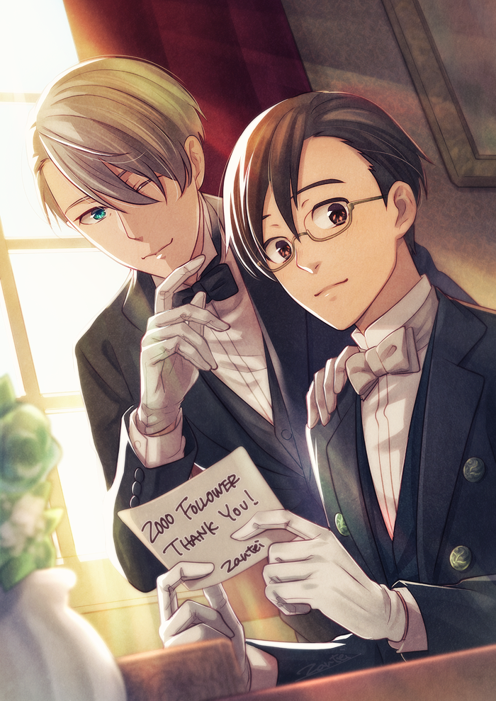 2boys black_hair bow bowtie curtains dutch_angle english formal glasses gloves hand_on_another's_shoulder hitori_dogeza katsuki_yuuri male_focus multiple_boys one_eye_closed plant potted_plant silver_hair smile suit viktor_nikiforov white_gloves window yuri!!!_on_ice