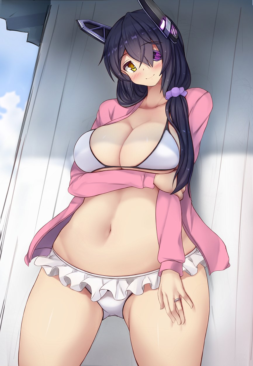 10s 1girl alternate_hair_length alternate_hairstyle bikini breast_hold breasts cleavage collarbone eyepatch headgear highres jewelry kantai_collection large_breasts light_smile long_hair looking_at_viewer looking_down navel purple_hair ring solo swimsuit tenryuu_(kantai_collection) yellow_eyes yuzumiya_mono