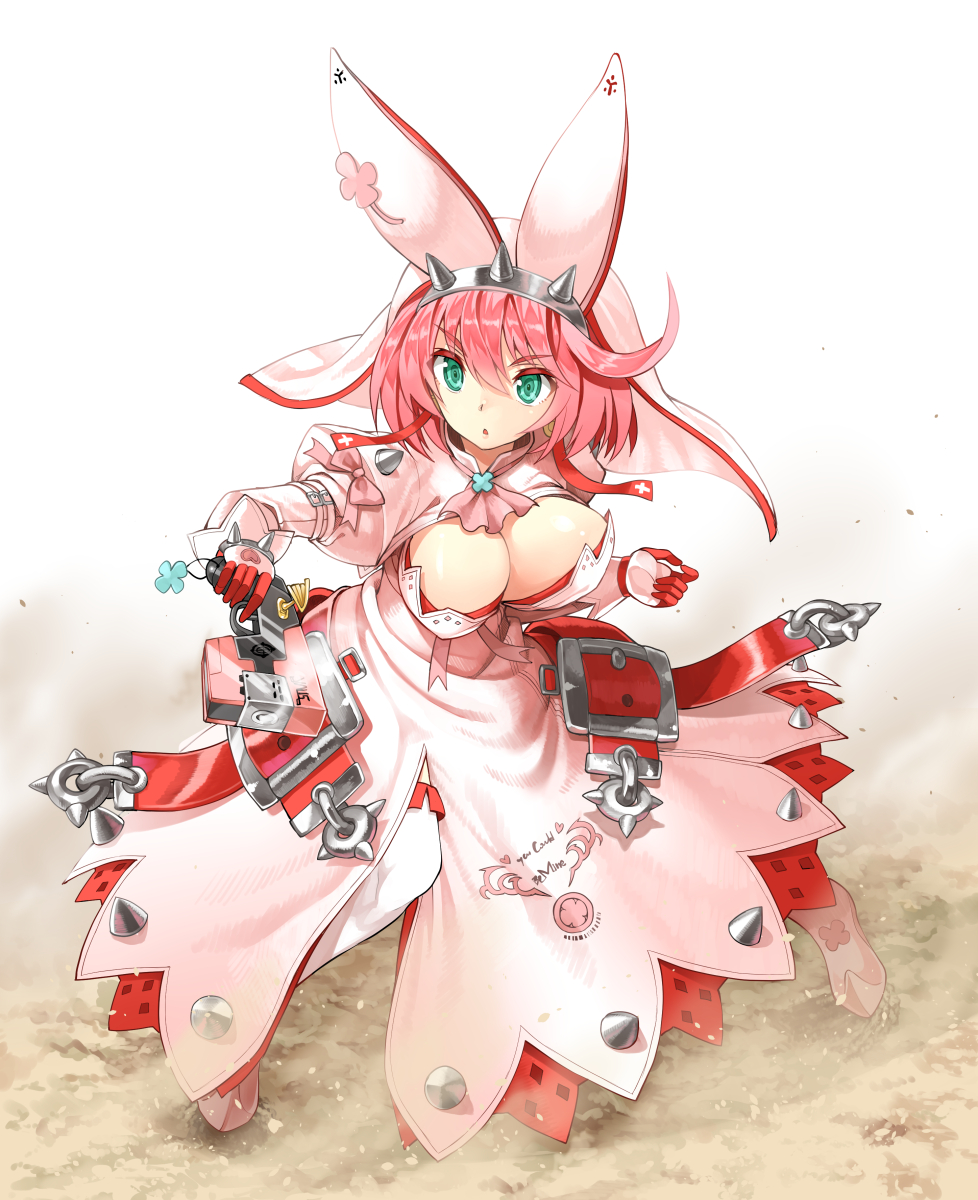 1girl breasts cleavage_cutout dress elphelt_valentine gloves green_eyes guilty_gear guilty_gear_xrd gun hat highres holding holding_gun holding_weapon large_breasts pink_hair weapon