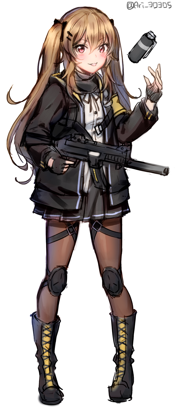 1girl artist_name blush boots brown_eyes brown_hair fingerless_gloves flashbang full_body girls_frontline gloves gun h&amp;k_ump h&amp;k_ump9 hair_ornament hairclip heckler_&amp;_koch highres jacket knee_pads long_hair looking_at_viewer pantyhose simple_background skirt solo submachine_gun tongue tongue_out twintails ump9_(girls_frontline) weapon whitehee93