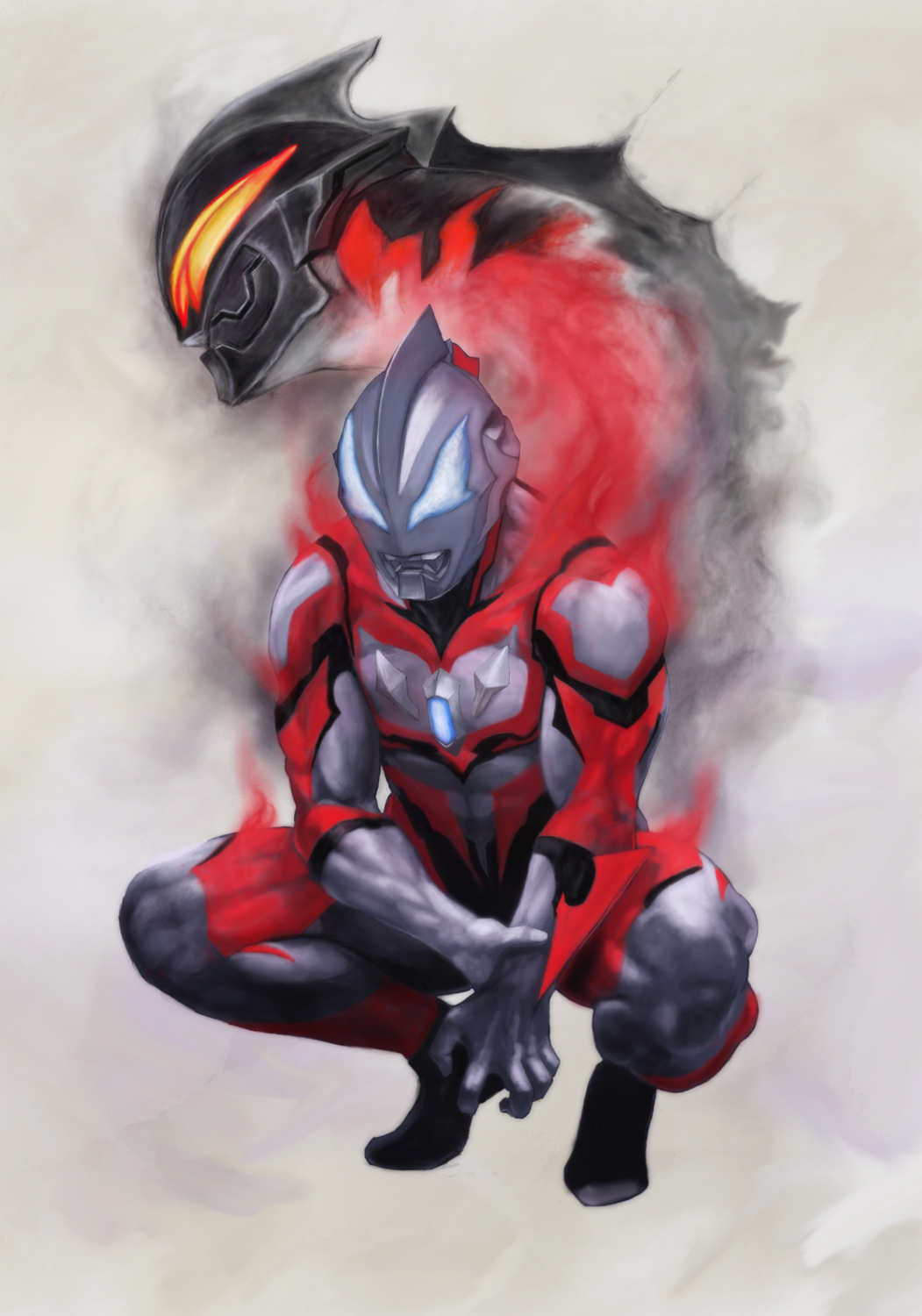 2boys aura blue_eyes father_and_son highres holding_arm male multiple_boys muscle orange_eyes smoke squatting ultra_series ultraman_belial ultraman_geed ultraman_geed_(series) zeze