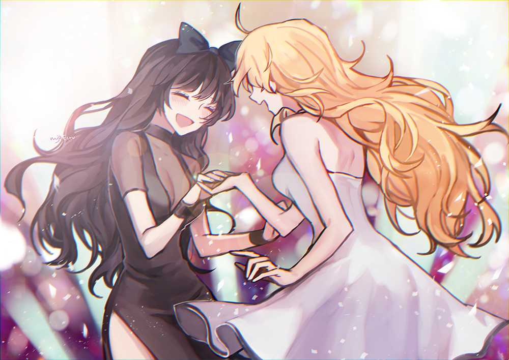 2girls ahoge black_dress black_hair blake_belladonna blonde_hair bow closed_eyes covered_eyes dancing dress ecru hair_bow multiple_girls rwby strapless strapless_dress white_dress wristband yang_xiao_long yuri