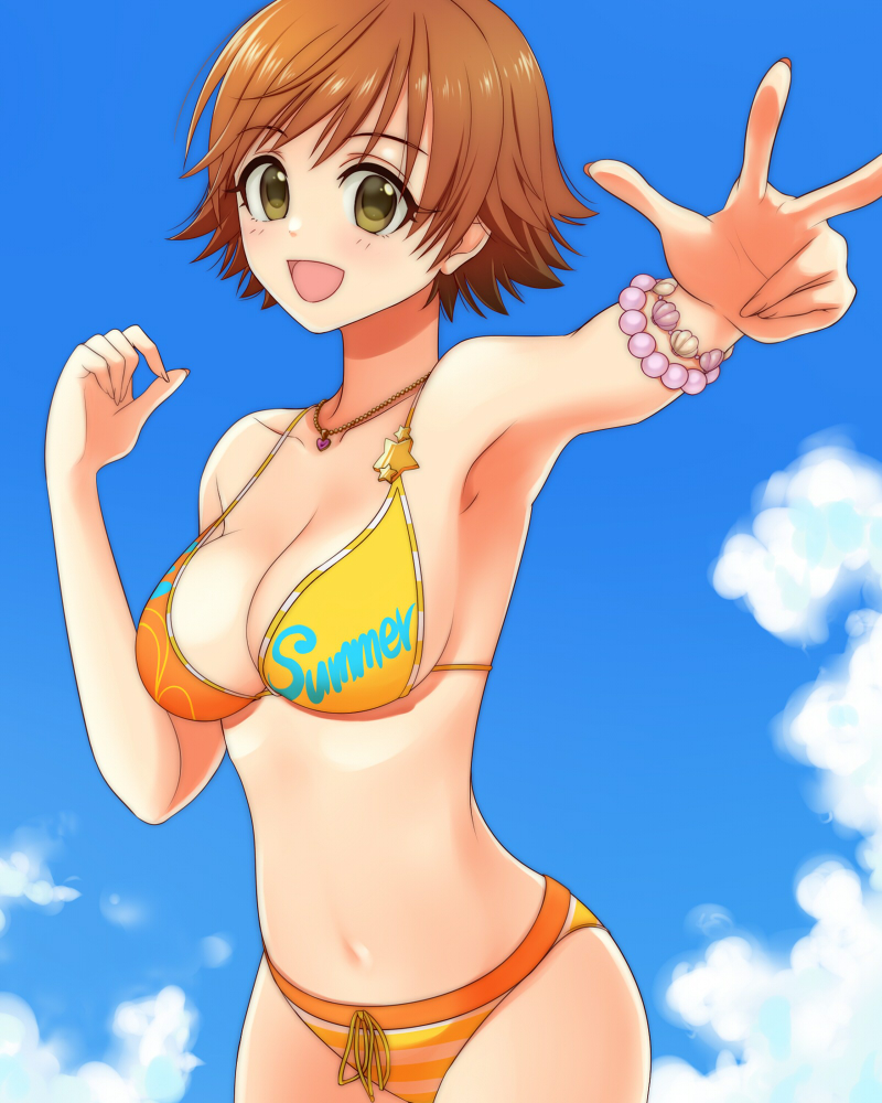 1girl :d arm arm_up armpits bare_arms bare_shoulders bikini bracelet breasts brown_hair cleavage clouds cowboy_shot english female green_eyes hand_up happy heart heart_necklace highres honda_mio idolmaster idolmaster_cinderella_girls jewelry large_breasts looking_at_viewer navel neck necklace open_mouth outdoors outstretched_arm pearl_bracelet short_hair sky smile solo standing striped striped_bikini striped_swimsuit summer swimsuit tayu_(yuntayu) yellow_bikini yellow_swimsuit