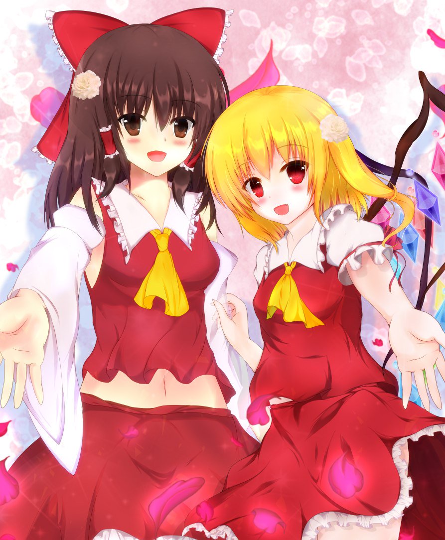 2girls ascot bangs belly_peek black_hair blonde_hair blush bow breasts brown_eyes cowboy_shot crystal detached_sleeves flandre_scarlet flower foreshortening frilled_shirt_collar frilled_skirt frills hair_bow hair_flower hair_ornament hair_tubes hakurei_reimu kaji_(galaxygandamu) long_hair long_sleeves looking_at_viewer medium_breasts multiple_girls navel no_hat no_headwear nontraditional_miko puffy_short_sleeves puffy_sleeves red_bow red_eyes red_shirt red_skirt red_vest ribbon-trimmed_sleeves ribbon_trim shirt short_sleeves side_ponytail skirt skirt_set sleeveless sleeveless_shirt touhou vest white_shirt wide_sleeves wings