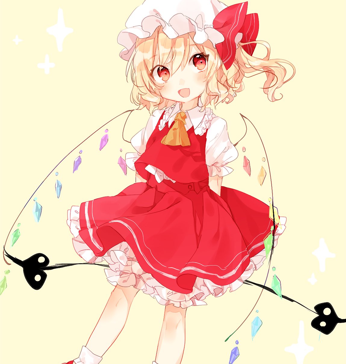 1girl arms_behind_back ascot bangs blonde_hair flandre_scarlet hat hat_ribbon highres laevatein looking_at_viewer mob_cap mokyuko open_mouth puffy_short_sleeves puffy_sleeves red_eyes red_ribbon red_shoes red_skirt ribbon shoes short_sleeves skirt skirt_set smile socks solo touhou vest white_legwear wings