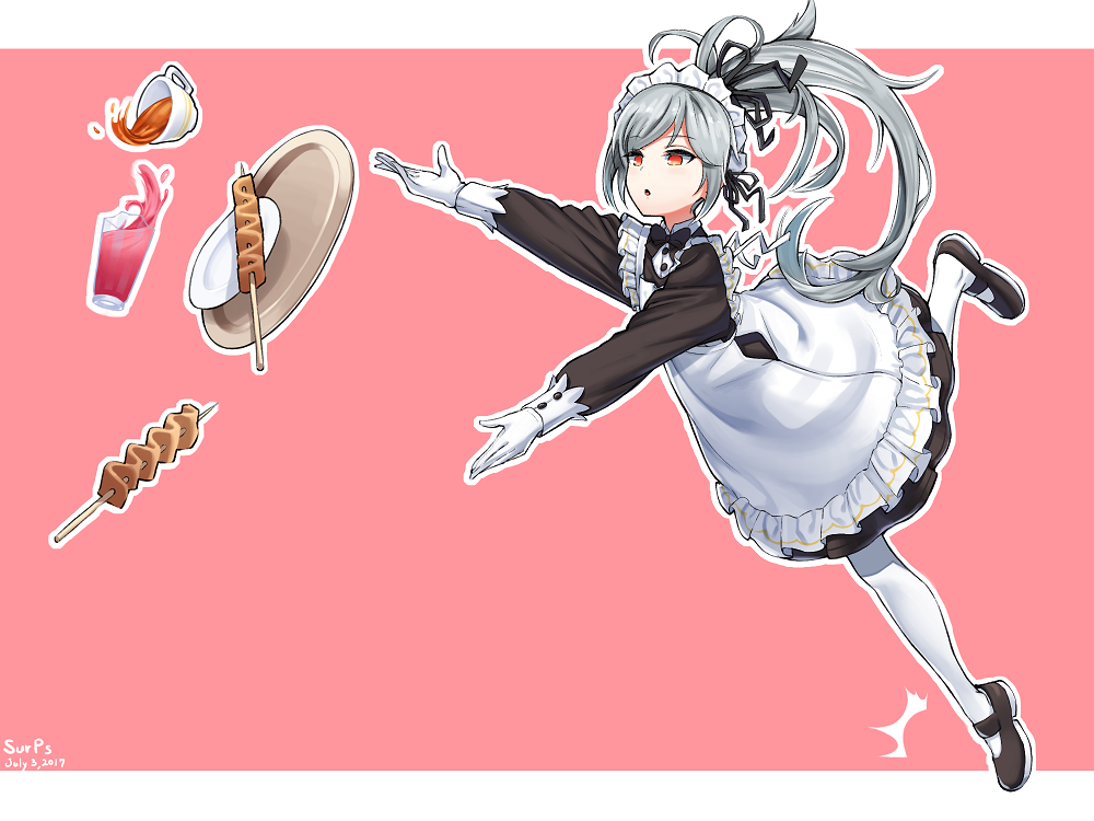 1girl :o artist_name bow bowtie closers coffee dated drink falling feet frills full_body gloves hair_ribbon half-closed_eyes long_hair maid maid_headdress orange_eyes outstretched_arms pink_background ribbon silver_hair solo surps tina_(closers) tray tripping white_gloves white_legwear