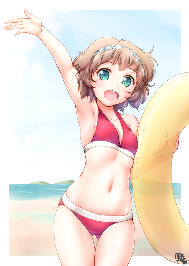 1girl armpits ayama_yuiya beach bikini blue_eyes breasts brown_hair cowboy_shot day gluteal_fold hairband innertube looking_at_viewer mettoko-chan mettoko_project navel outdoors red_bikini short_hair signature small_breasts solo swimsuit waving