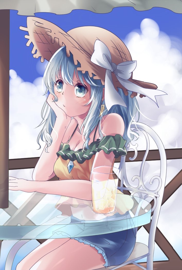 1girl adapted_costume bangs bare_shoulders blue_sky blush bow breasts chin_rest cleavage closed_mouth clouds cloudy_sky cup cutoffs day denim denim_shorts drinking_glass earrings glass_table grey_eyes hat hat_bow jewelry komeiji_koishi medium_breasts navel off-shoulder_shirt shirt short_shorts shorts silver_hair sitting sky solo straw_hat swept_bangs table touhou white_bow yellow_shirt yuria_(kittyluv)